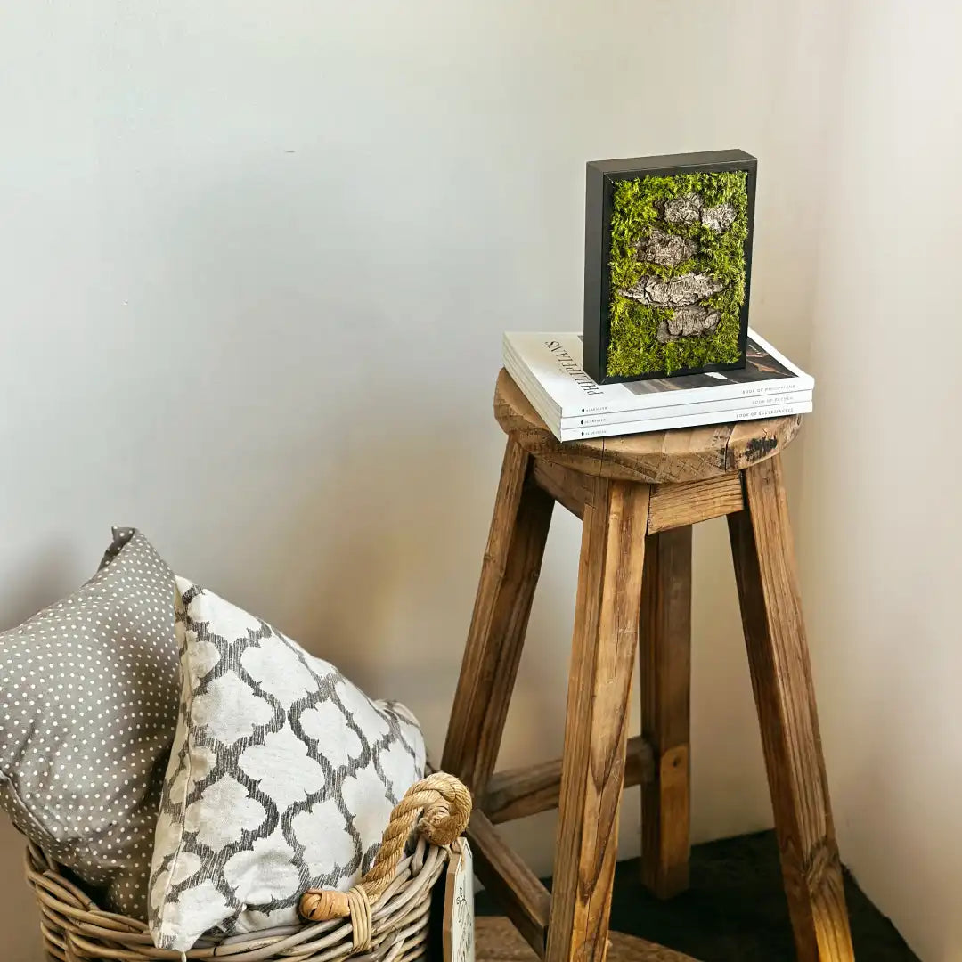 Decoración de interiores con un pequeño cuadro de musgo preservado sobre un taburete de madera, junto a una cesta de mimbre con cojines estampados.